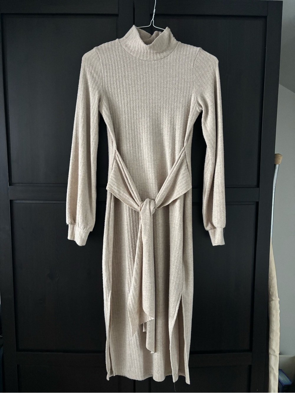 Ivy City Co Cream Ribbed Turtleneck Midi Dress with Waist Tie